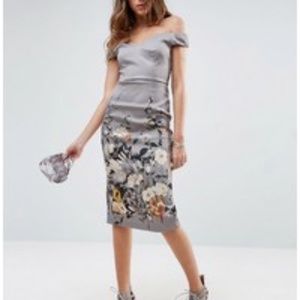 Floral Bardot Midi Pencil Dress